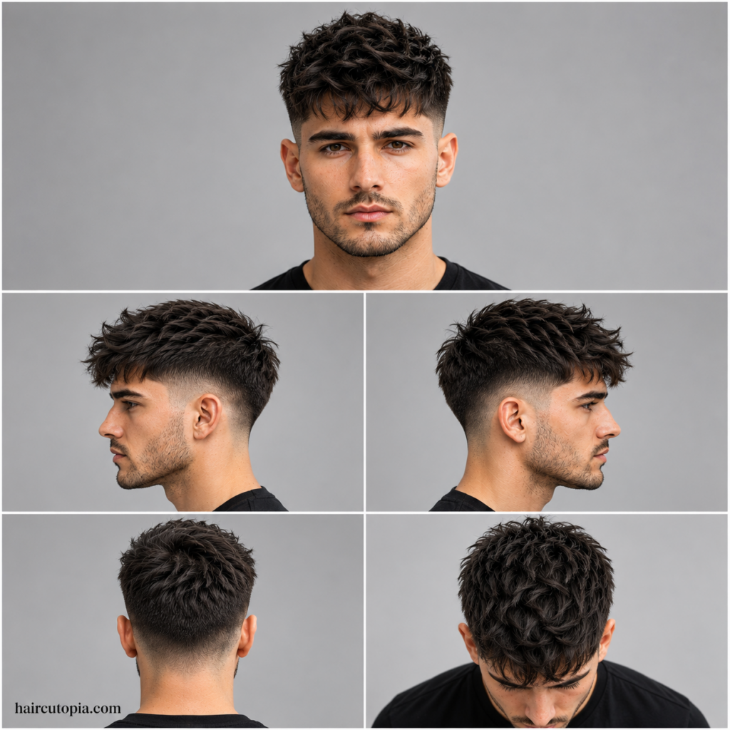 Five-panel collage of a textured taper fade haircut showing front view, left side view, right side view, back view, and top bird's-eye view.