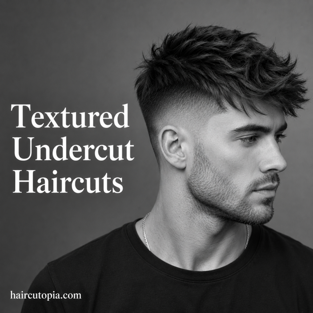 Man with a textured undercut haircut featuring messy volume on top, clean faded sides, and a modern masculine appearance.