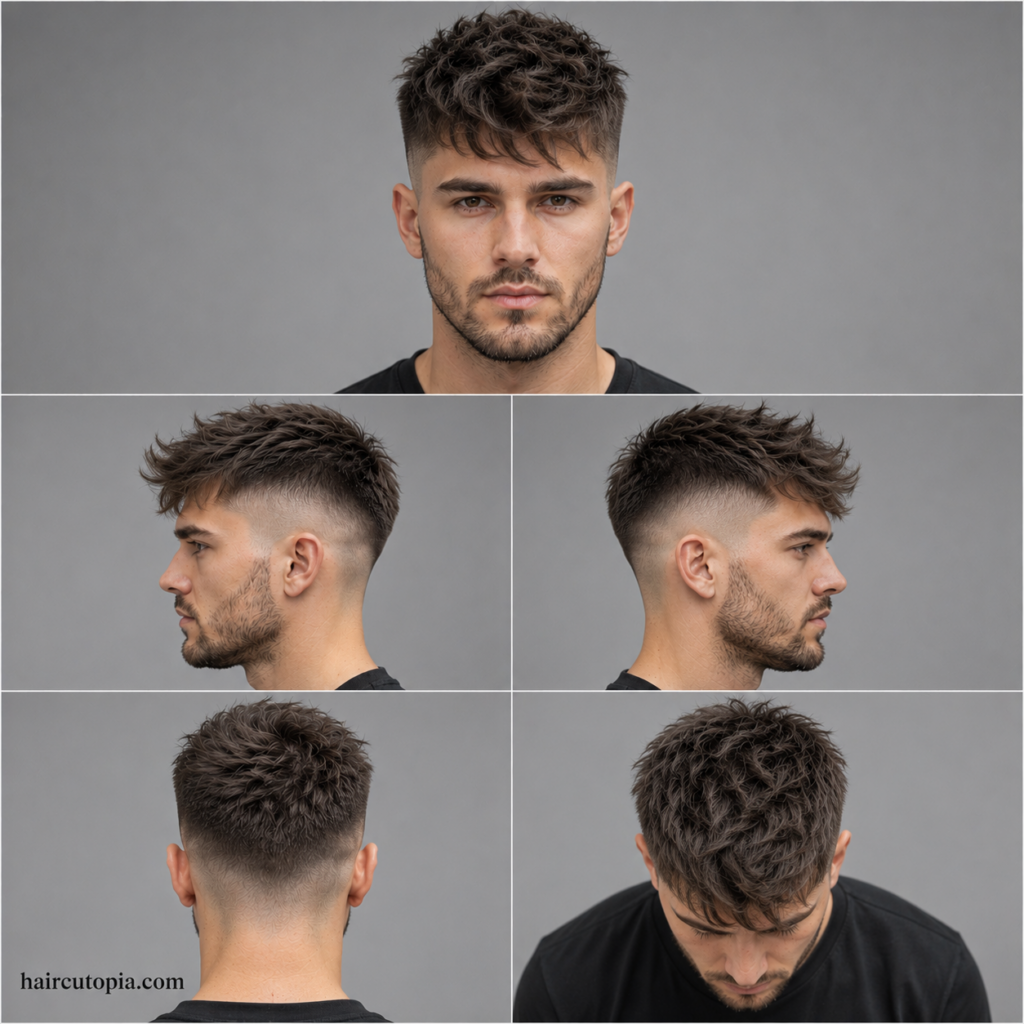 Five-panel collage showing a textured undercut haircut from the front, left side, right side, back, and bird's-eye views.