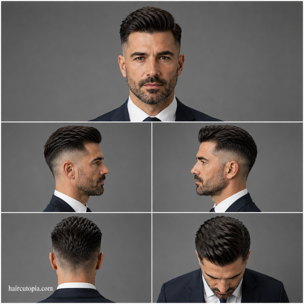 Five-view collage of a business professional with an undercut haircut showing front, left side, right side, back, and top views.