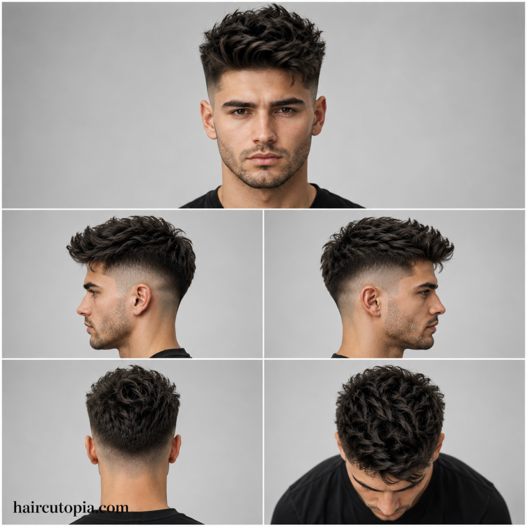Five-view collage of a men's undercut haircut for coarse hair showing front, left side, right side, back, and top views.