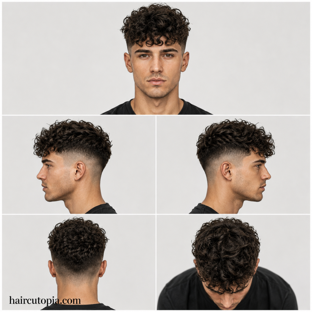 Five-view collage of a men's curly undercut haircut showing front, left side, right side, back, and top views.