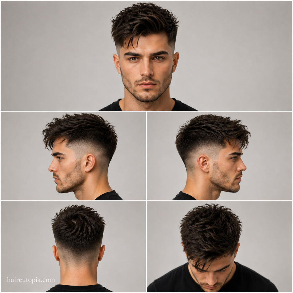 Five-panel collage showing an undercut haircut for a diamond face shape from the front, left side, right side, back, and bird's-eye views.