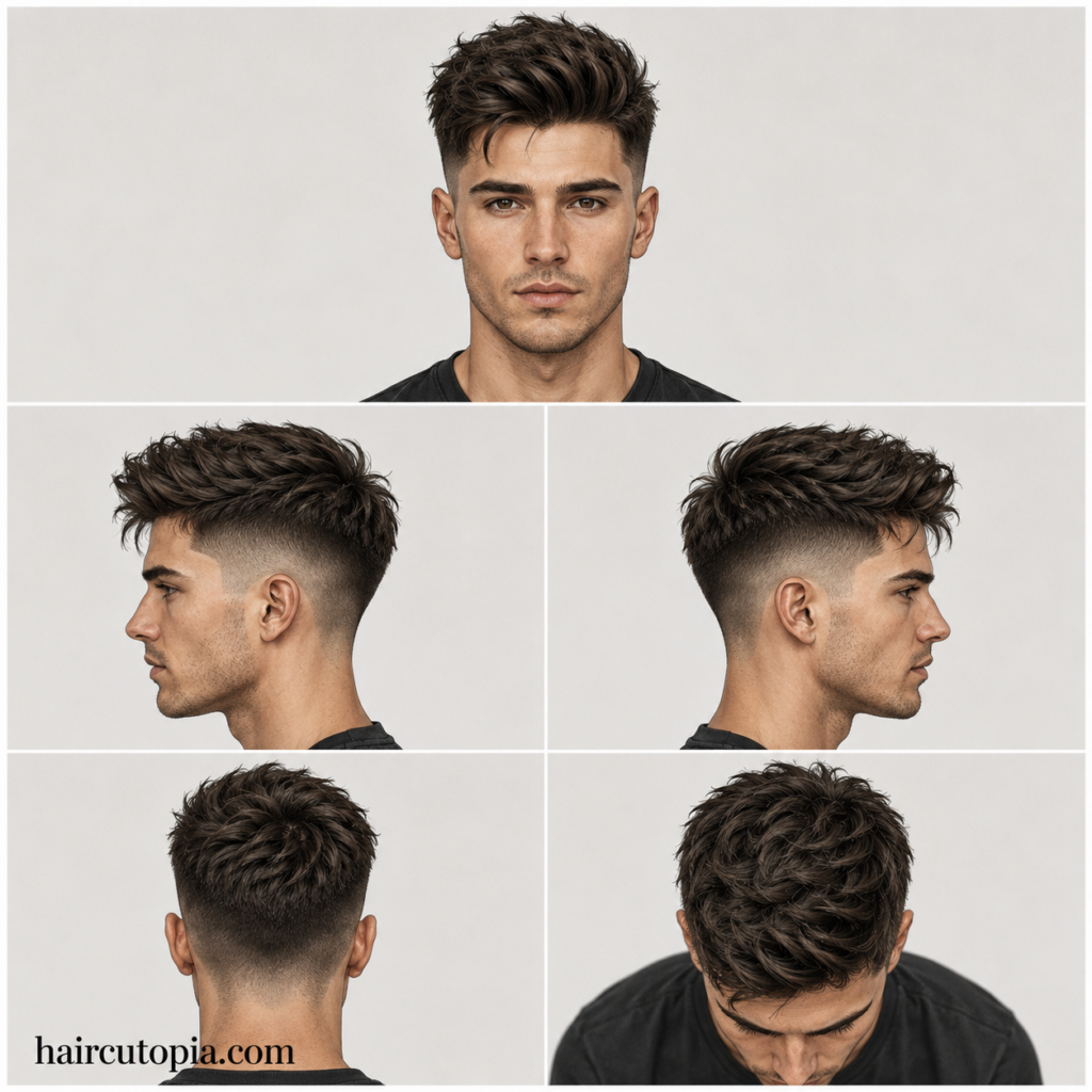 Five-view collage of a men's textured undercut haircut for fine hair showing front, side, back, and top views.
