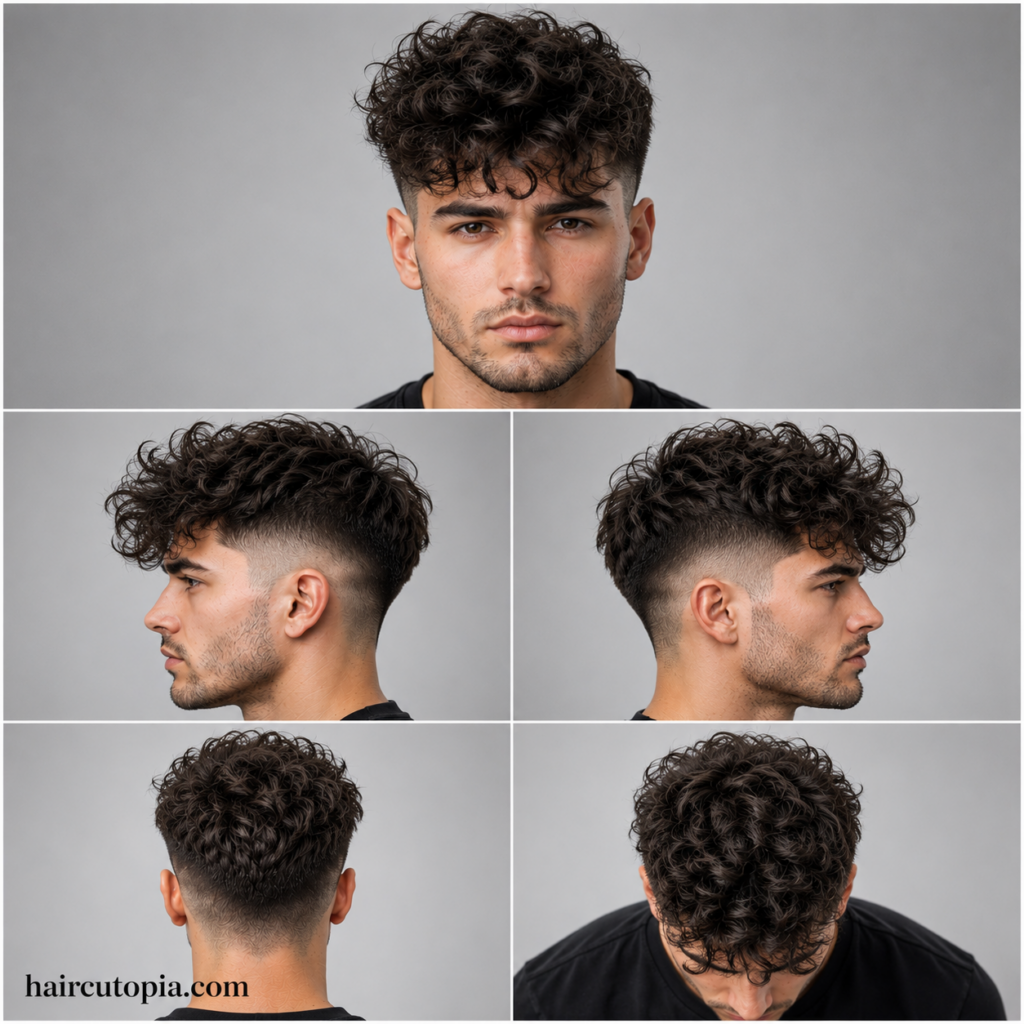 Five-view collage of a men's undercut haircut for frizzy hair showing front, left side, right side, back, and bird's-eye views.
