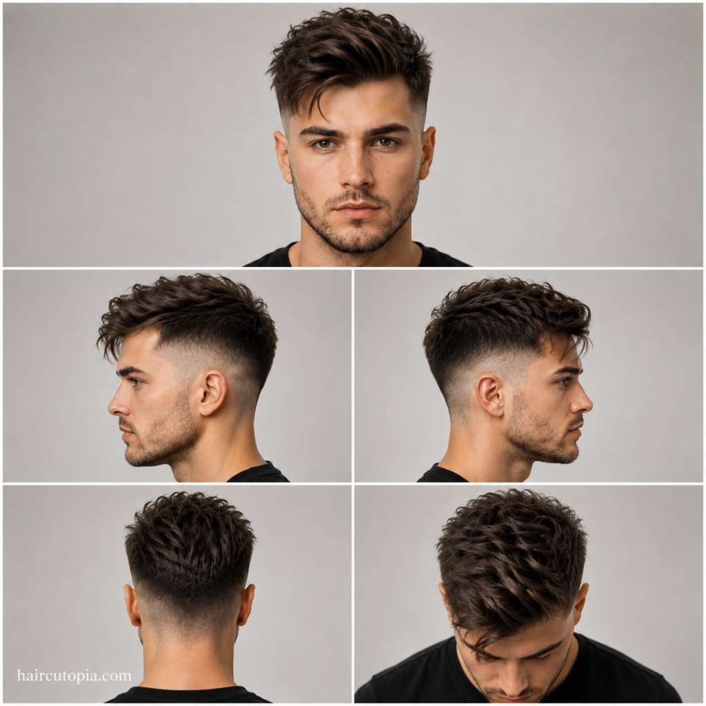 Five-panel collage showing an undercut haircut for a heart-shaped face from the front, left side, right side, back, and bird's-eye views.