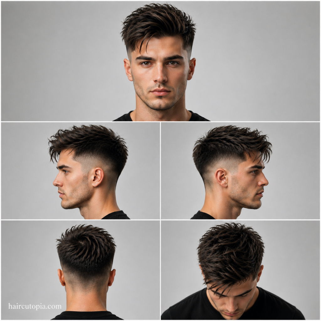 Five-panel collage showing an undercut haircut for a long face shape from the front, left side, right side, back, and bird's-eye views.