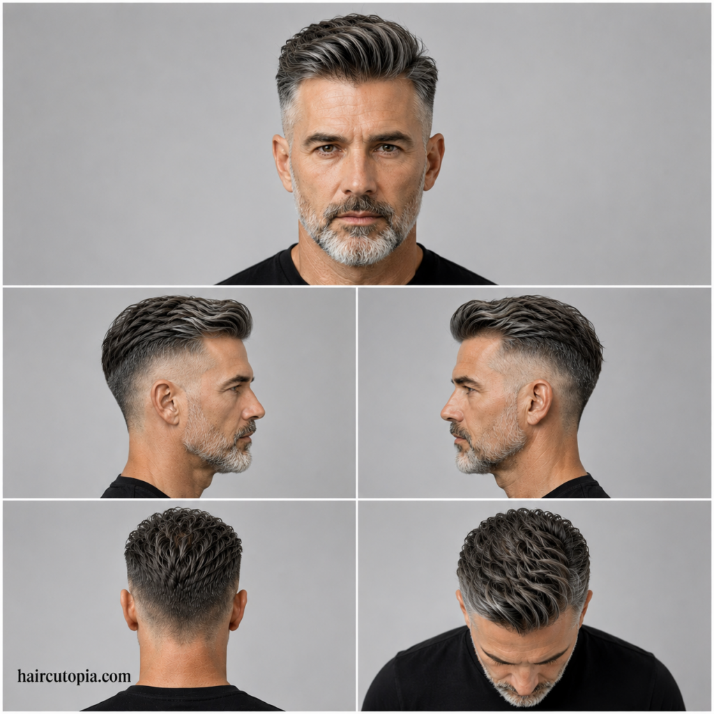 Five-view collage of a man over 40 with an undercut haircut showing front, left side, right side, back, and top views.