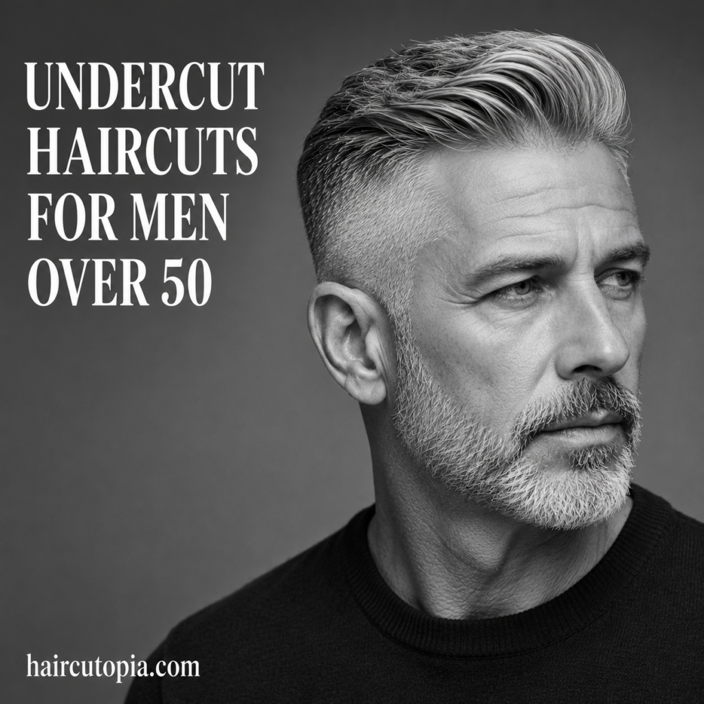 Man over 50 with a stylish undercut haircut featuring clean sides, silver hair, and a refined modern appearance.