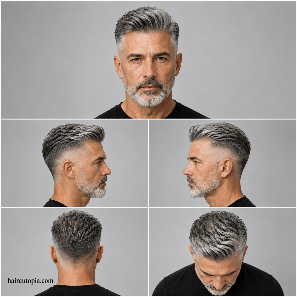 Five-view collage of a man over 50 with an undercut haircut showing front, left side, right side, back, and top views.