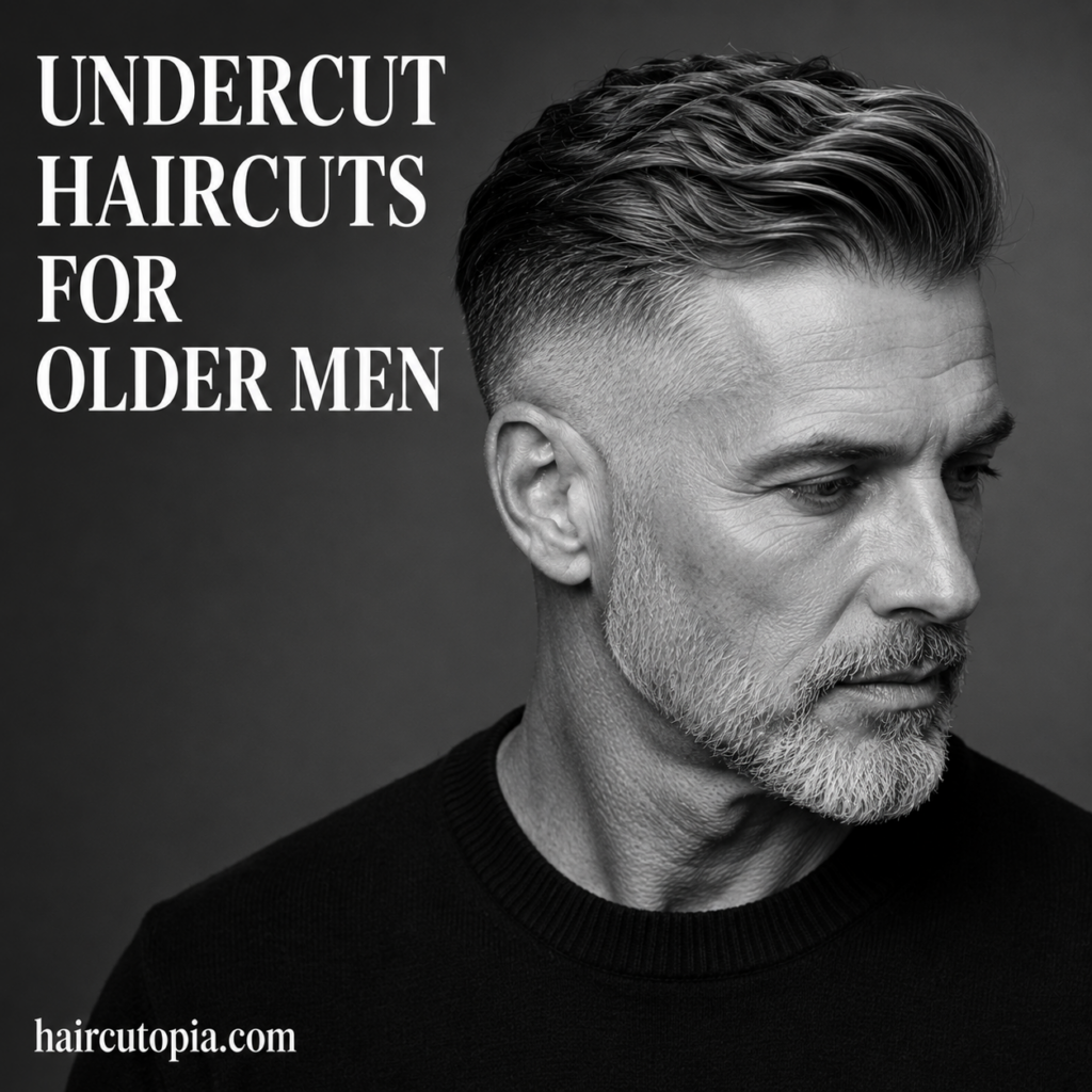 Older man with a modern undercut haircut featuring clean sides, textured gray hair, and a sophisticated appearance.