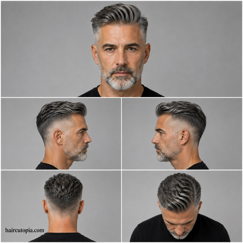 Five-view collage of an older man with an undercut haircut showing front, left side, right side, back, and top views.