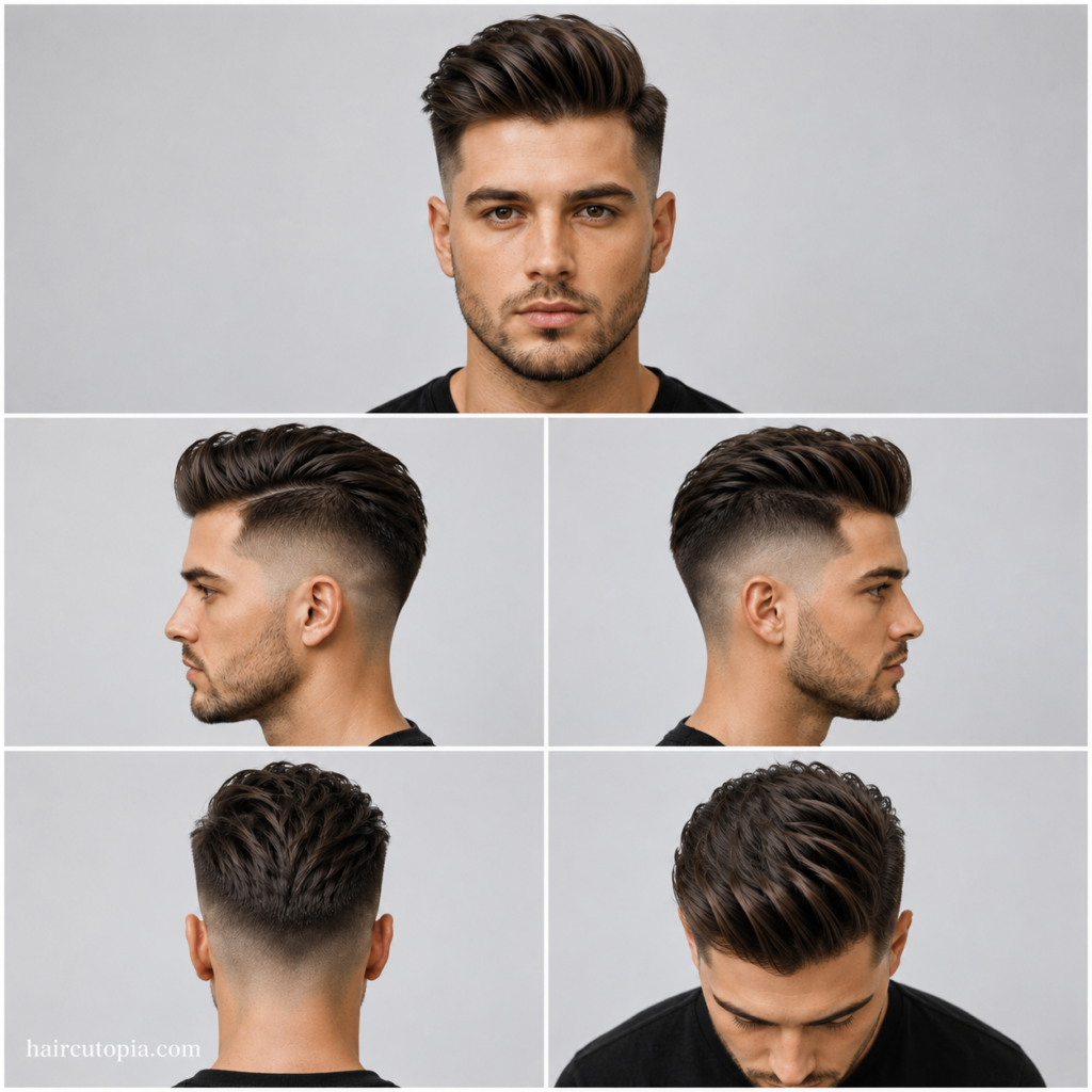 Five-panel collage showing an undercut haircut for an oval face from the front, left side, right side, back, and bird's-eye views.