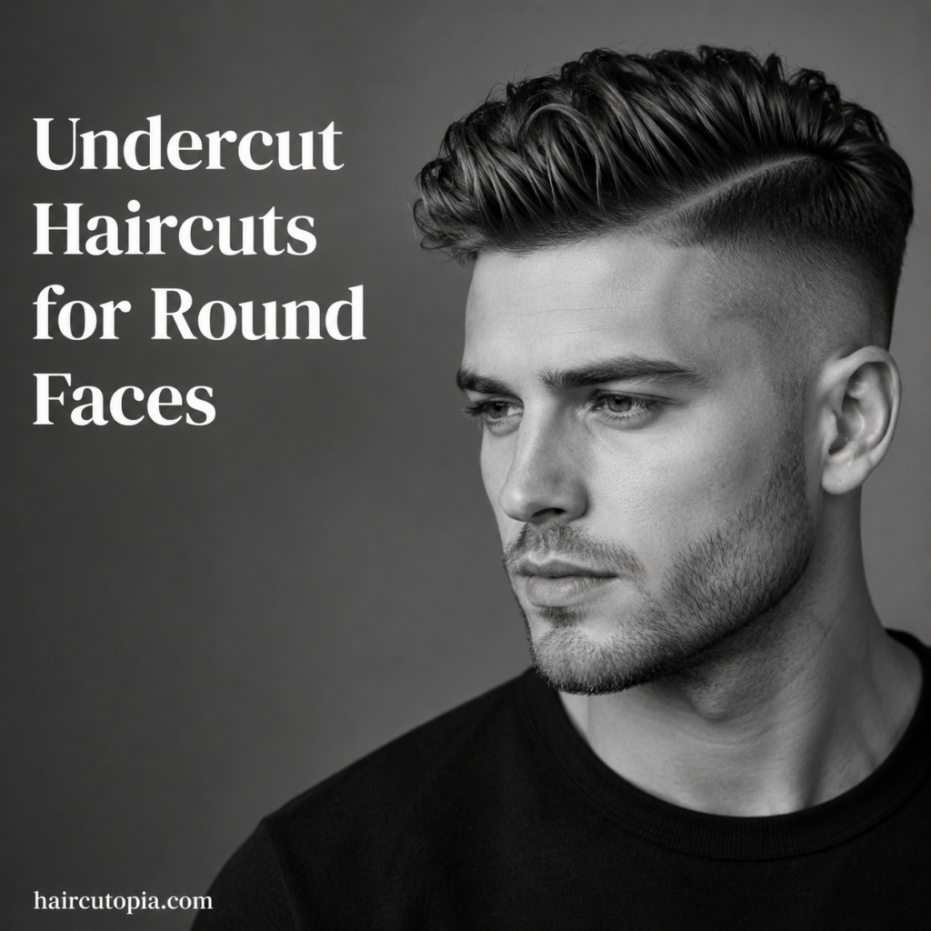 Man with a modern undercut haircut styled for a round face shape with textured volume on top and short sides.