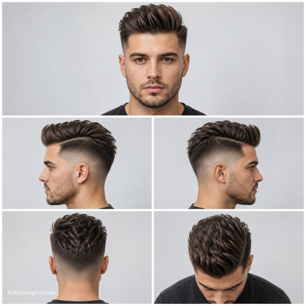 Five-panel collage showing an undercut haircut for a round face from the front, left side, right side, back, and top views.
