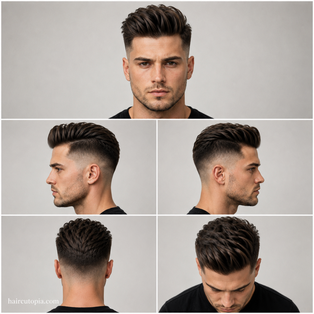 Five-panel collage showing an undercut haircut for a square face from the front, left side, right side, back, and bird's-eye views.