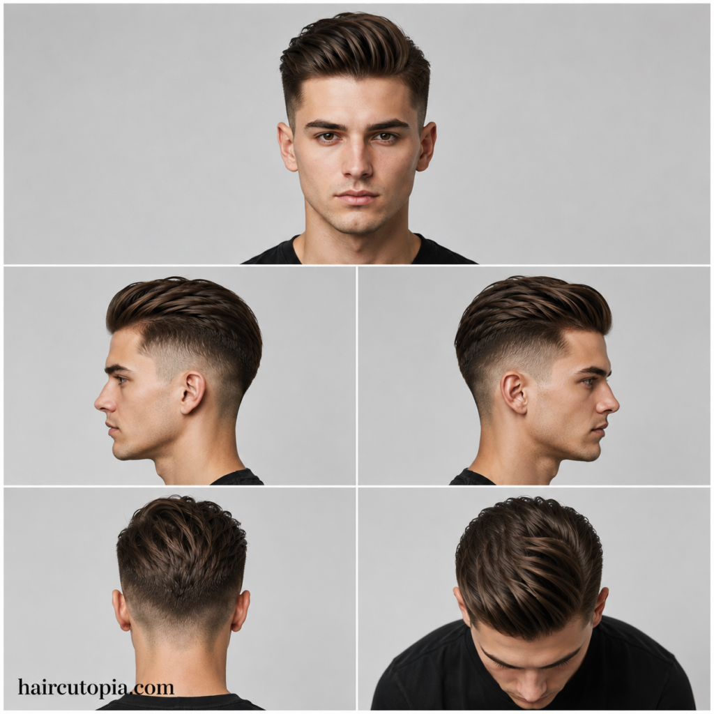 Five-view collage of a men's straight hair undercut haircut showing front, left side, right side, back, and top views.