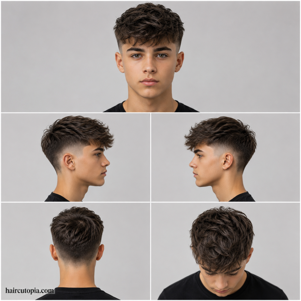 Five-view collage of a teen boy undercut haircut showing front, left side, right side, back, and top views.