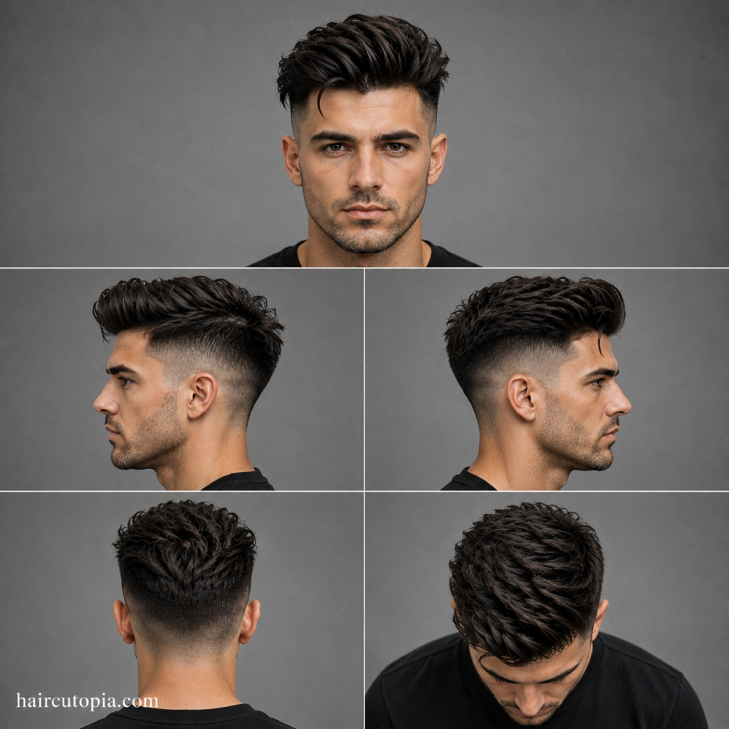 Five-panel collage showing an undercut haircut for thick hair from the front, left side, right side, back, and top views.