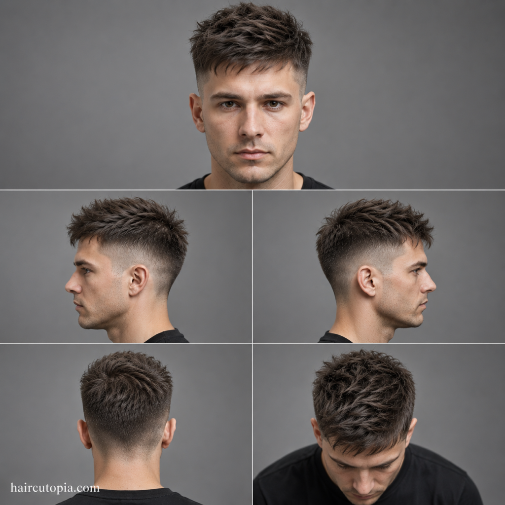 Five-panel collage showing an undercut haircut for thin hair from the front, left side, right side, back, and top views.