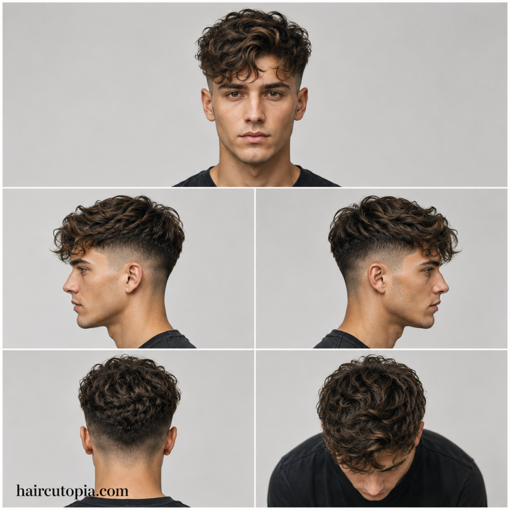 Five-view collage of a men's wavy undercut haircut showing front, left side, right side, back, and top views.
