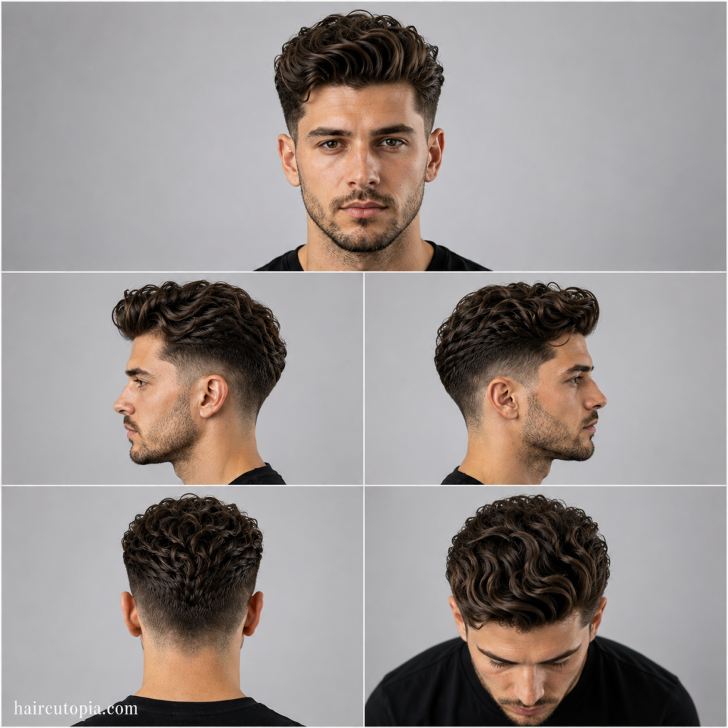 Five-view collage of a wavy pompadour haircut showing front, left side, right side, back, and top views