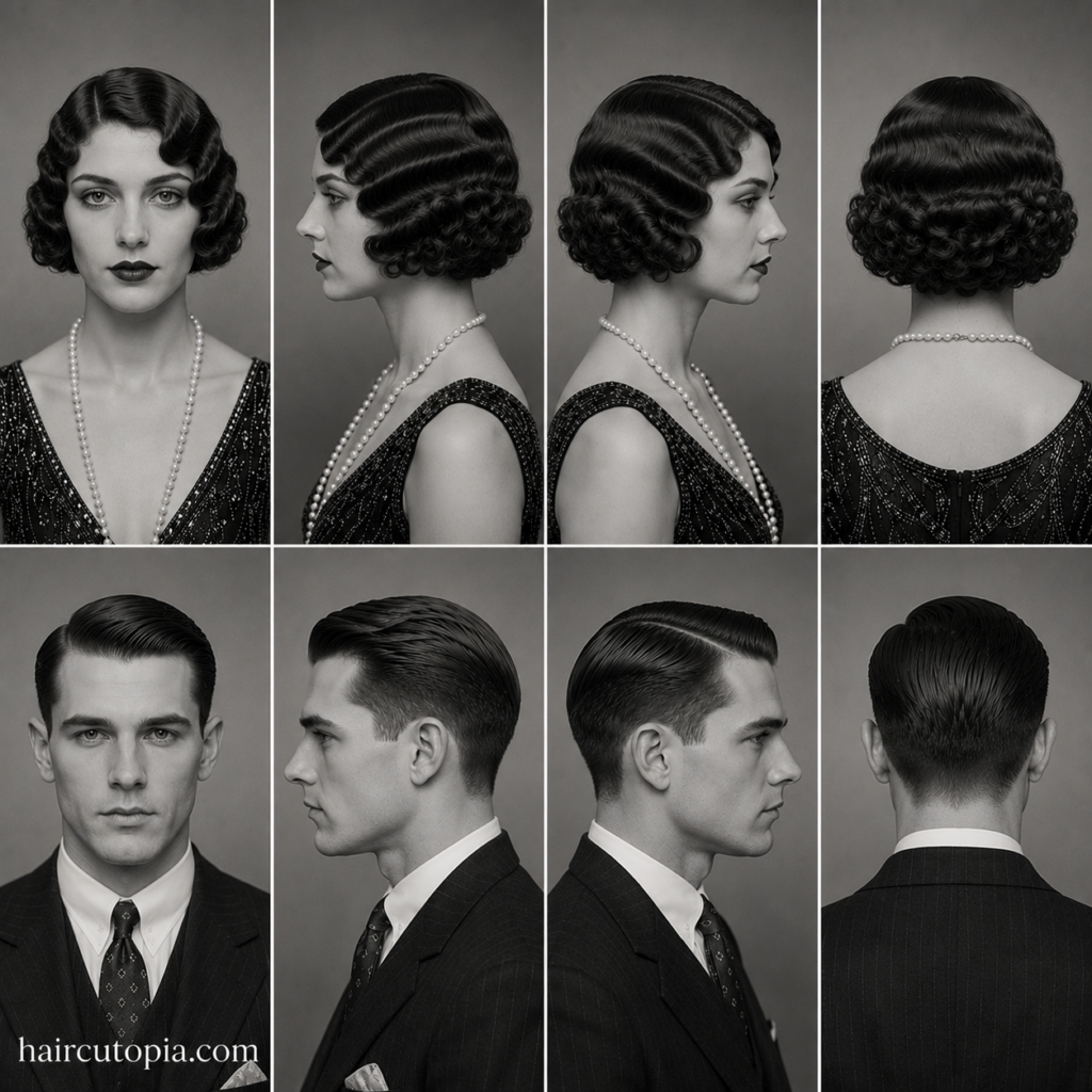 1920s hair trends for women and men shown from front, left side, right side, and back views