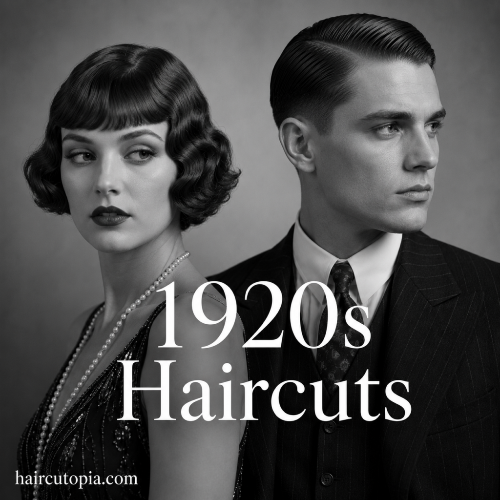Man and woman with classic 1920s haircuts featuring a waved bob and slick side-part hairstyle
