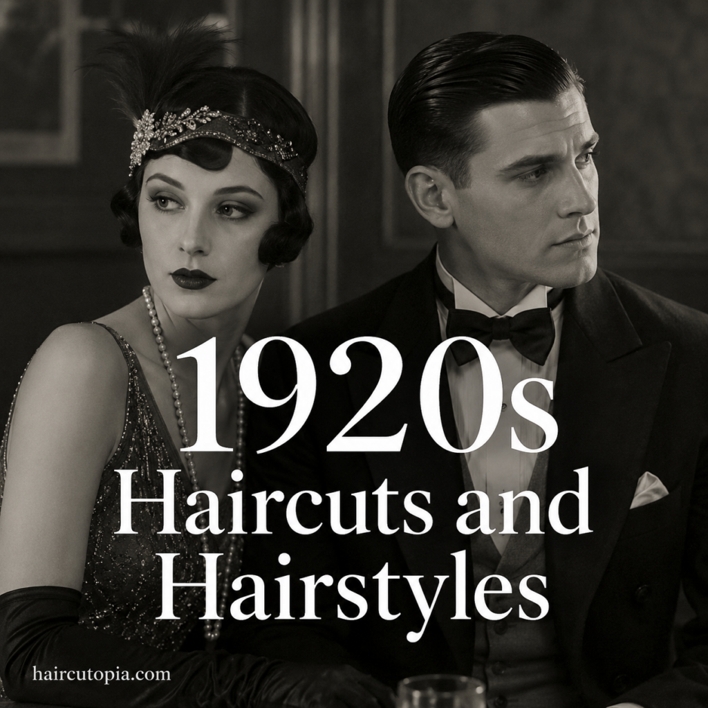 Man and woman showcasing authentic 1920s haircuts and hairstyles including finger waves, a classic bob, and a slick side-part hairstyle.