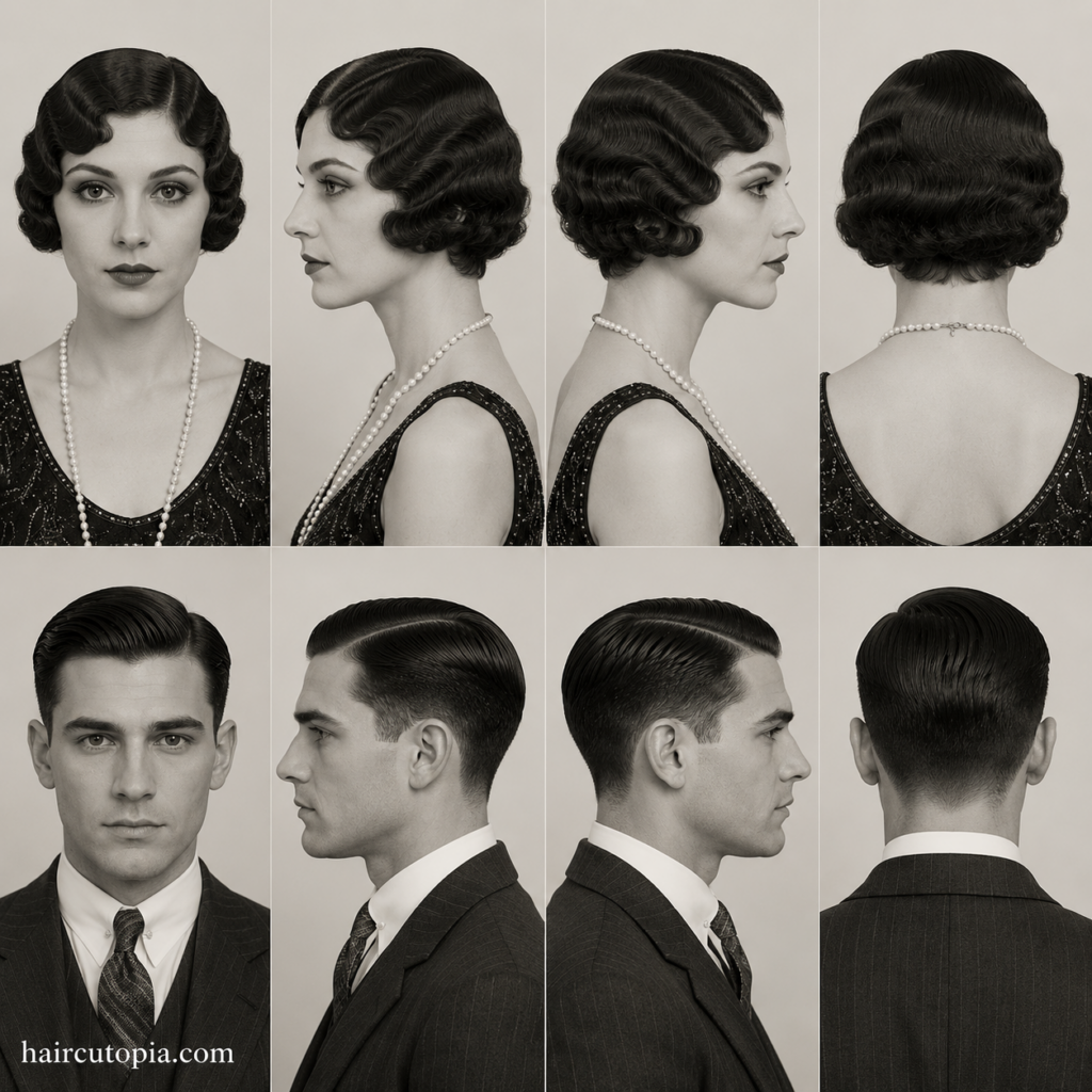 Front, left, right, and back views of authentic 1920s hairstyles featuring a woman with a finger wave bob and a man with a classic slick side-part haircut.