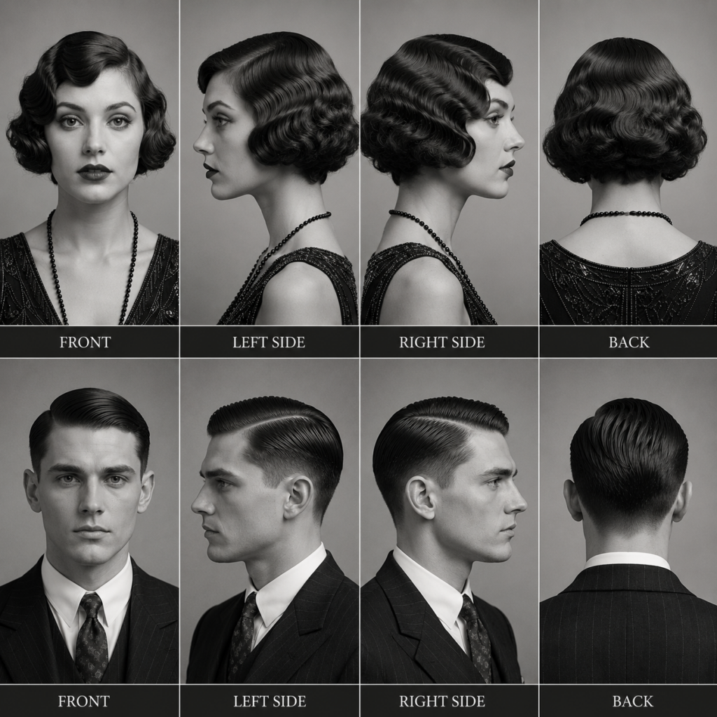1920s haircuts for women and men featuring a finger-wave bob and classic slick side-part haircut from multiple angles