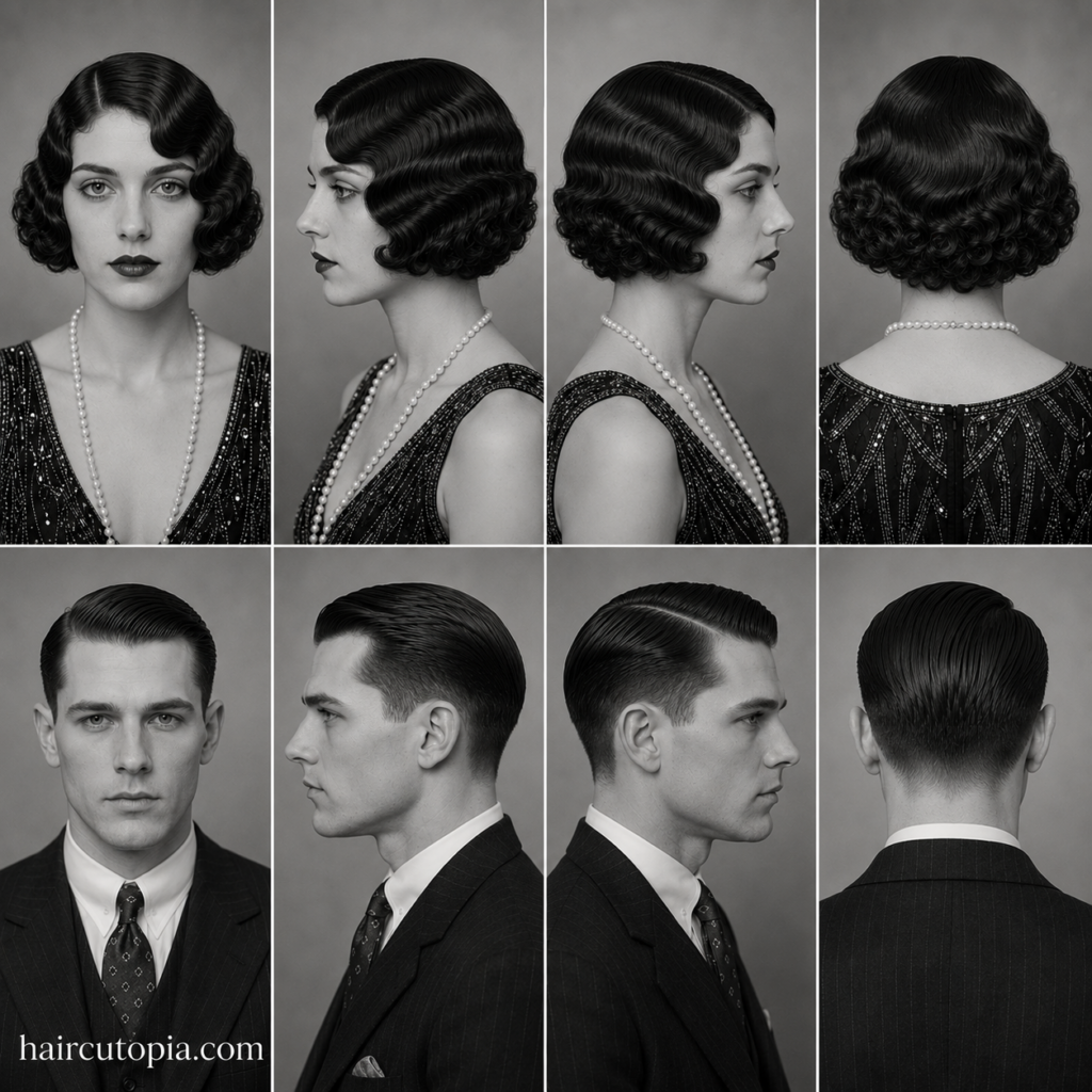 1920s hairstyles for women and men shown from front, left side, right side, and back views