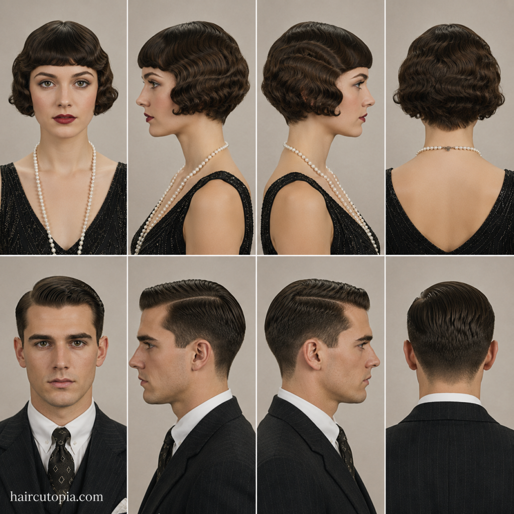 Iconic 1920s haircuts for women and men shown from front, left side, right side, and back views