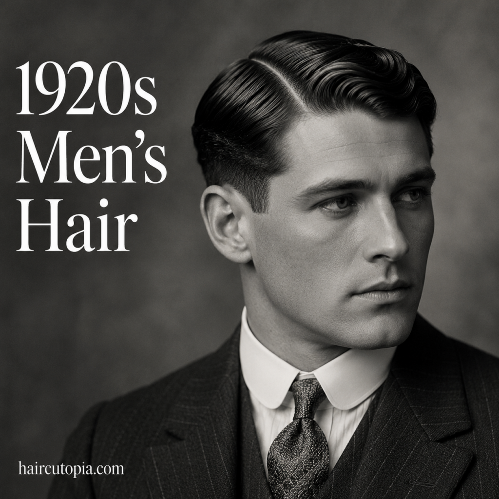 1920s men's hair with a classic slick side part and neatly tapered sides
