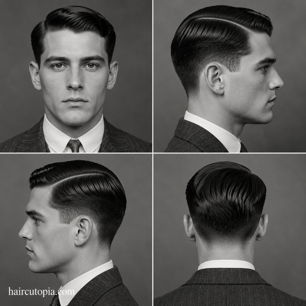 1920s men's hair shown from front, left side, right side, and back views with a classic side part and tapered cut