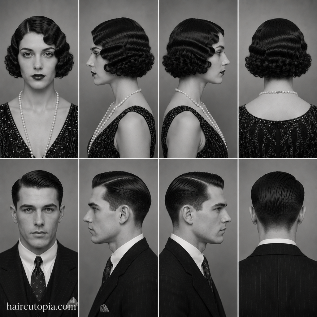 Popular 1920s hair styles for women and men shown from front, left side, right side, and back views