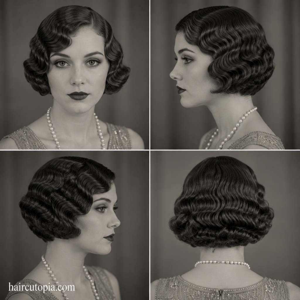 1920s women's hair shown from front, left side, right side, and back with a short sculpted wavy bob