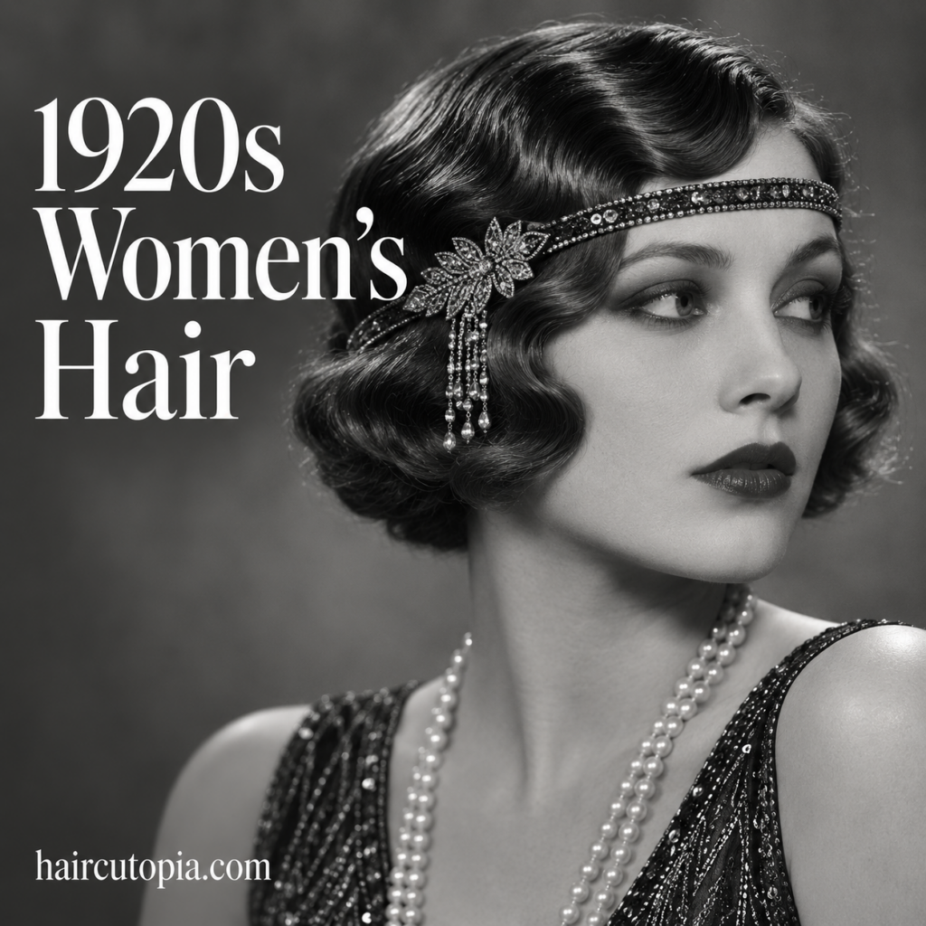 1920s women's hair featuring a short bob with sculpted waves and a decorative flapper headband