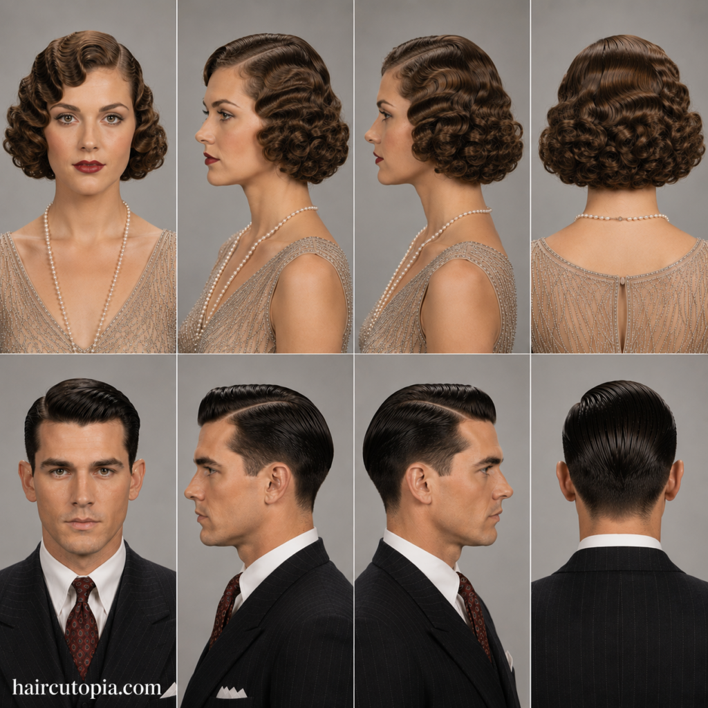1930s hair trends for women and men shown from front, left side, right side, and back views
