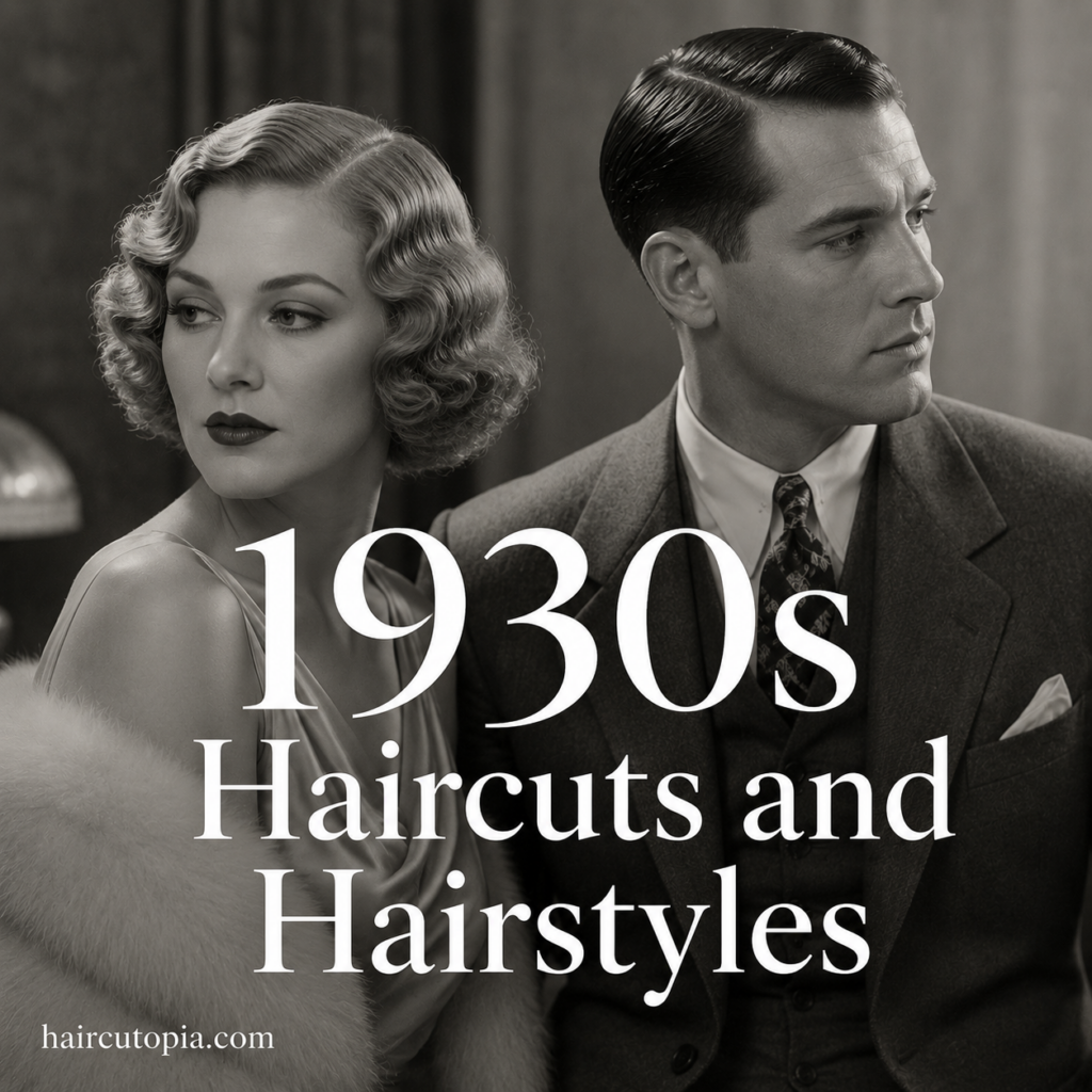 Man and woman wearing authentic 1930s hairstyles featuring glamorous Hollywood waves and a classic slick side-part haircut.