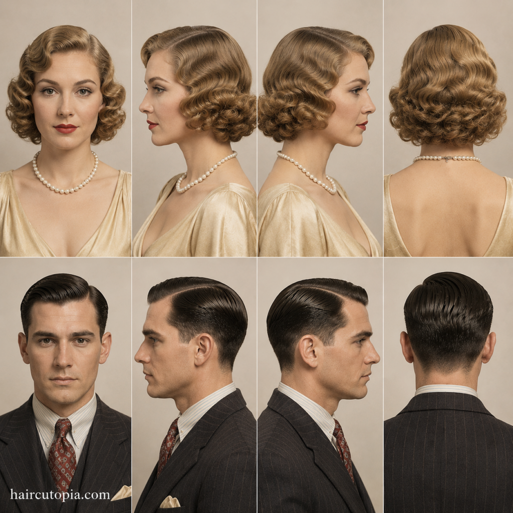 Front, left, right, and back views of authentic 1930s hairstyles featuring a woman with Hollywood waves and a man with a classic slick side-part haircut.