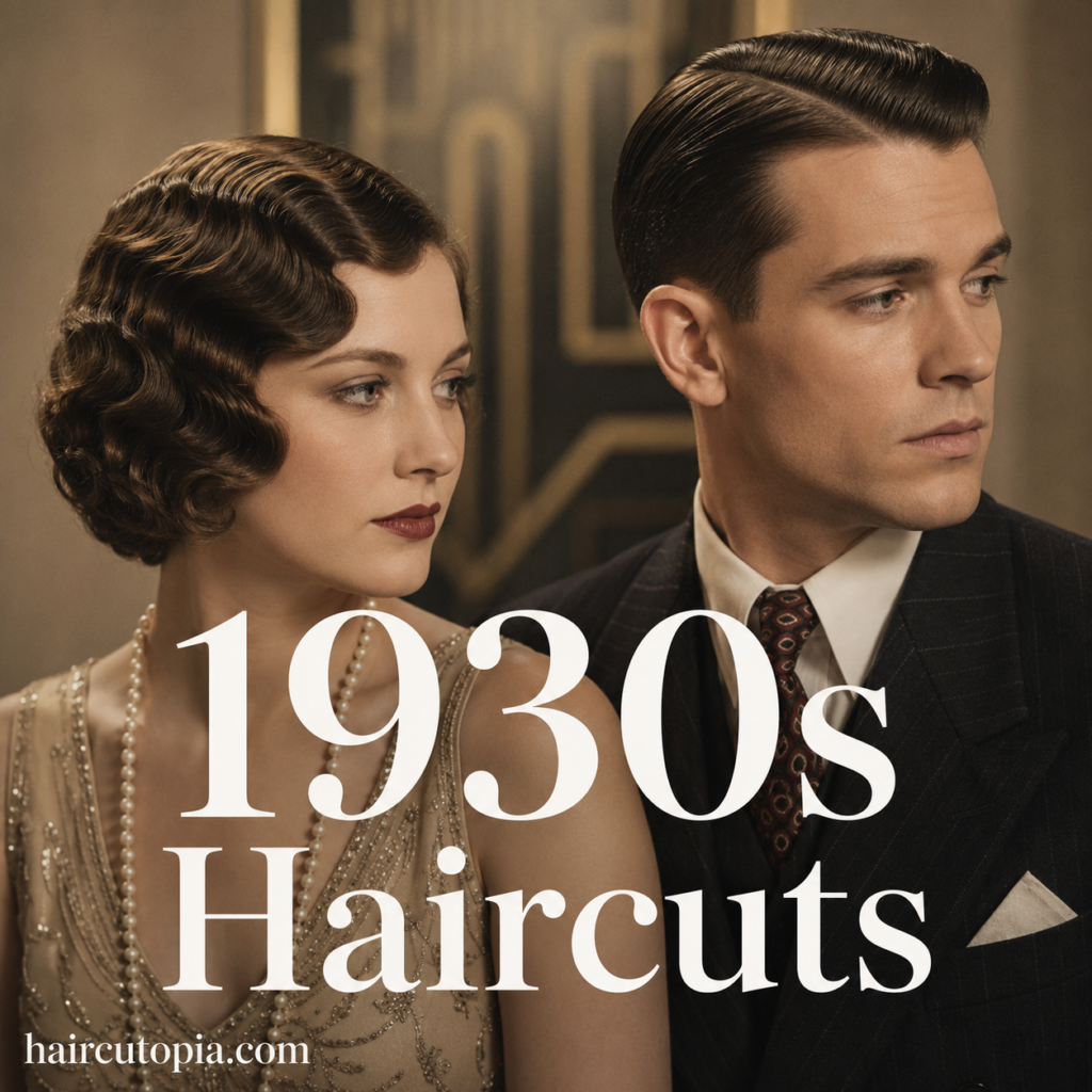 1930s haircuts featuring a woman with sculpted vintage waves and a man with a classic slick side-part hairstyle