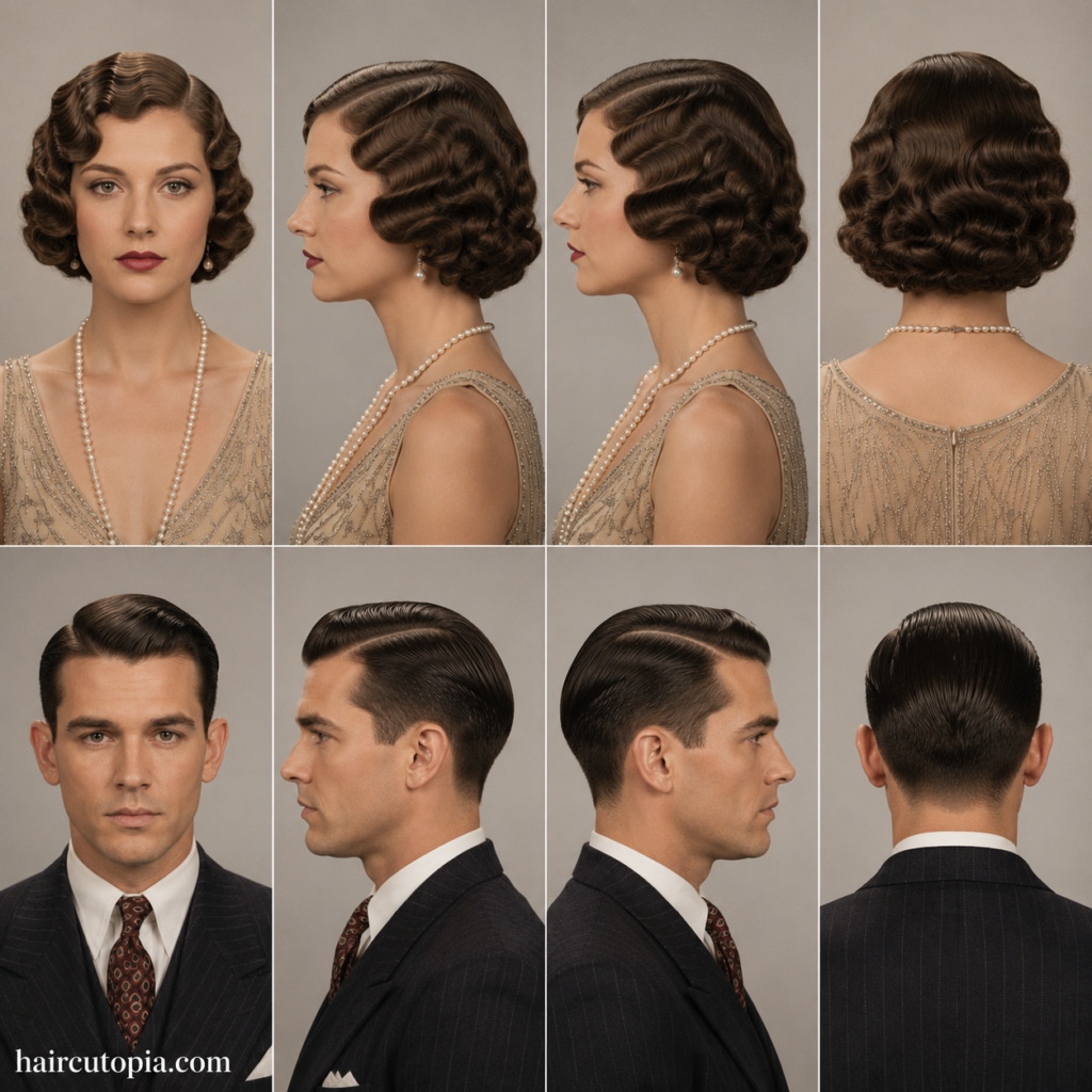 1930s haircuts for women and men shown from front, left side, right side, and back views