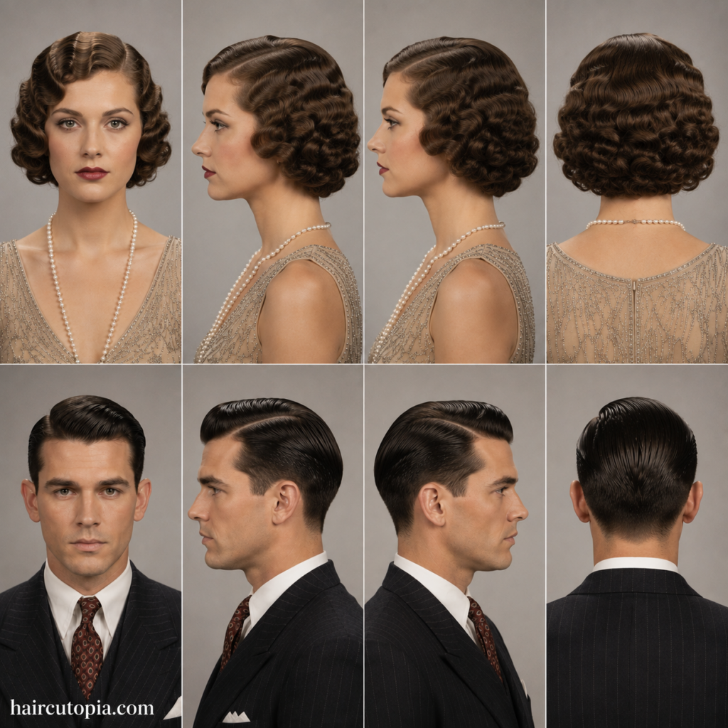 1930s hairstyles for women and men shown from front, left side, right side, and back views