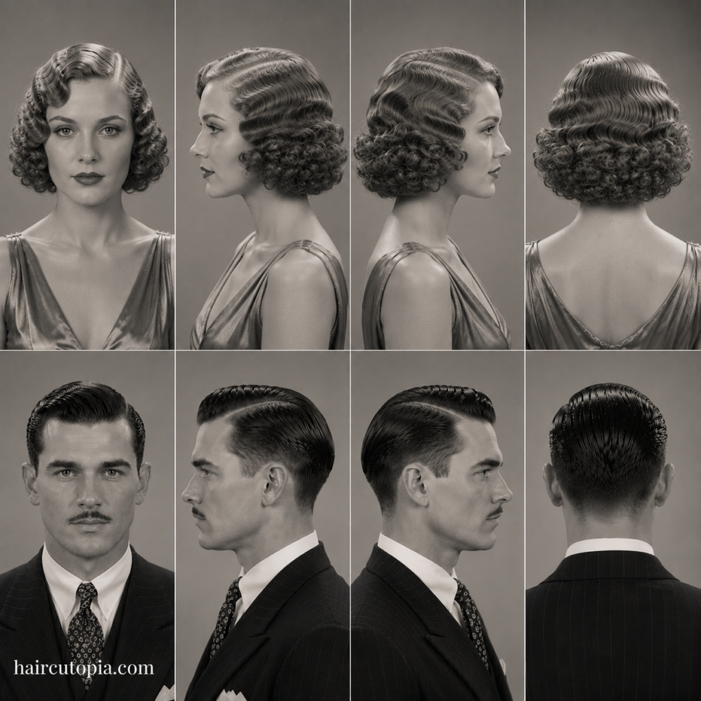 Iconic 1930s haircuts for women and men shown from front, left side, right side, and back views