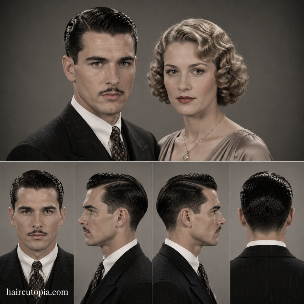 1930s men's hair shown from front, left side, right side, and back views with a classic slick side part and tapered cut