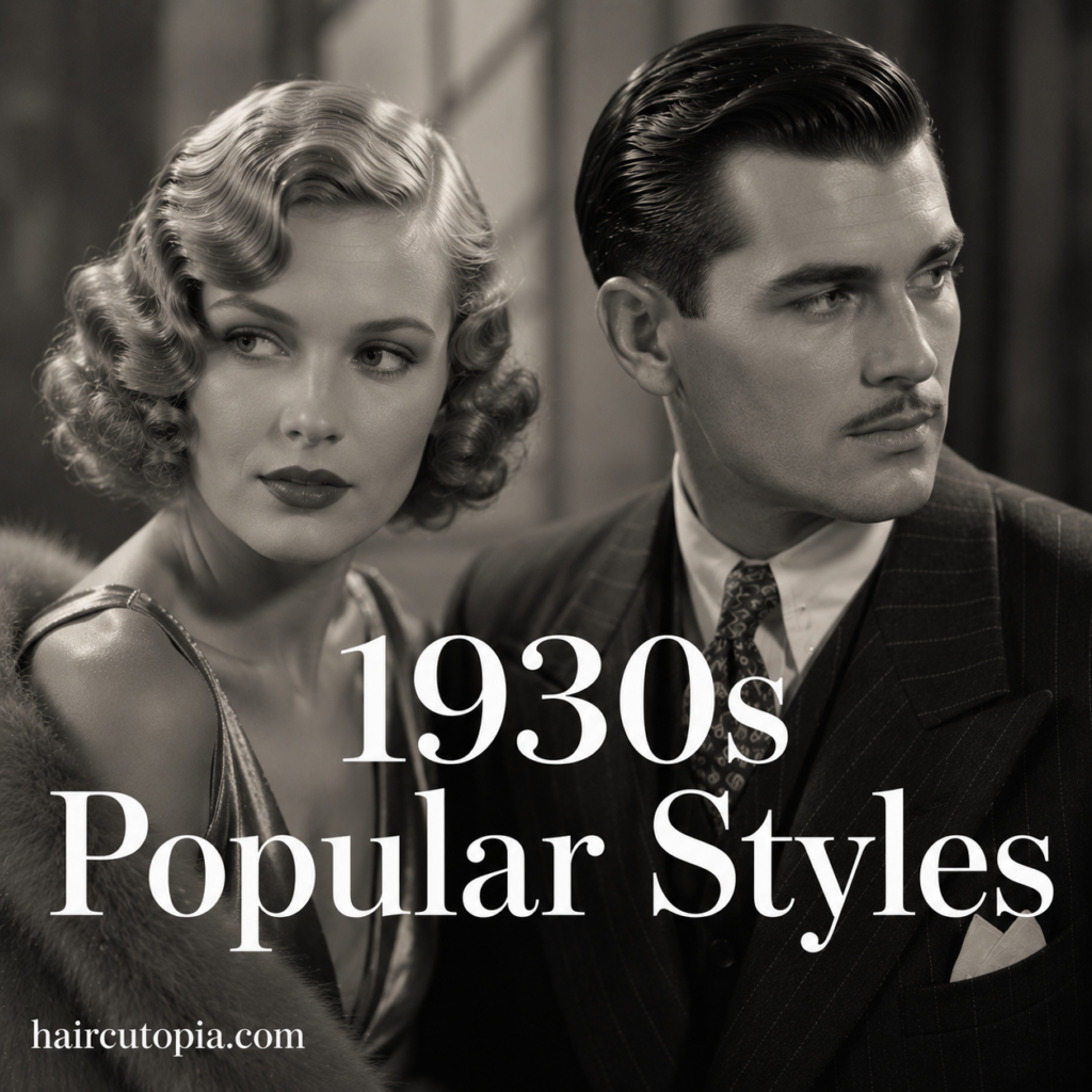 1930s popular hair styles featuring a woman with sculpted waves and curls and a man with a classic slick side-part hairstyle