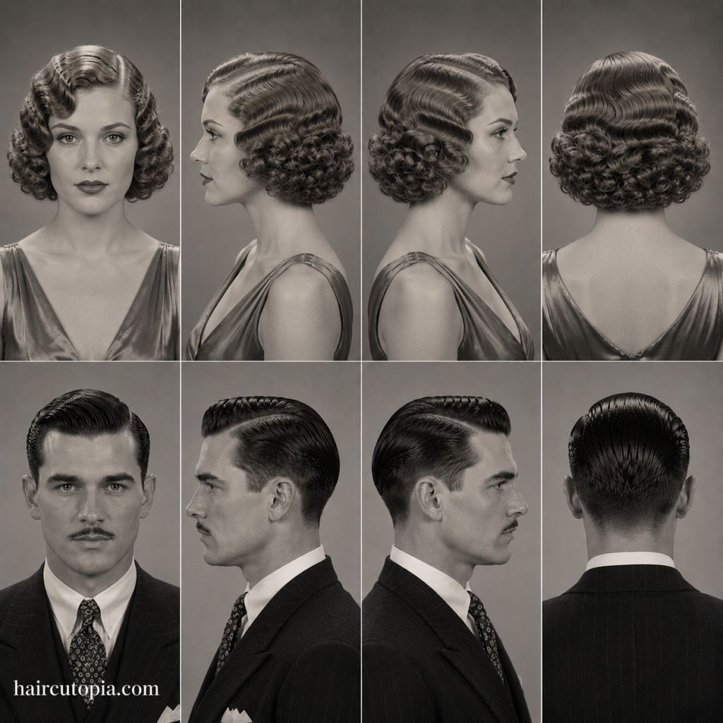 Popular 1930s hair styles for women and men shown from front, left side, right side, and back views