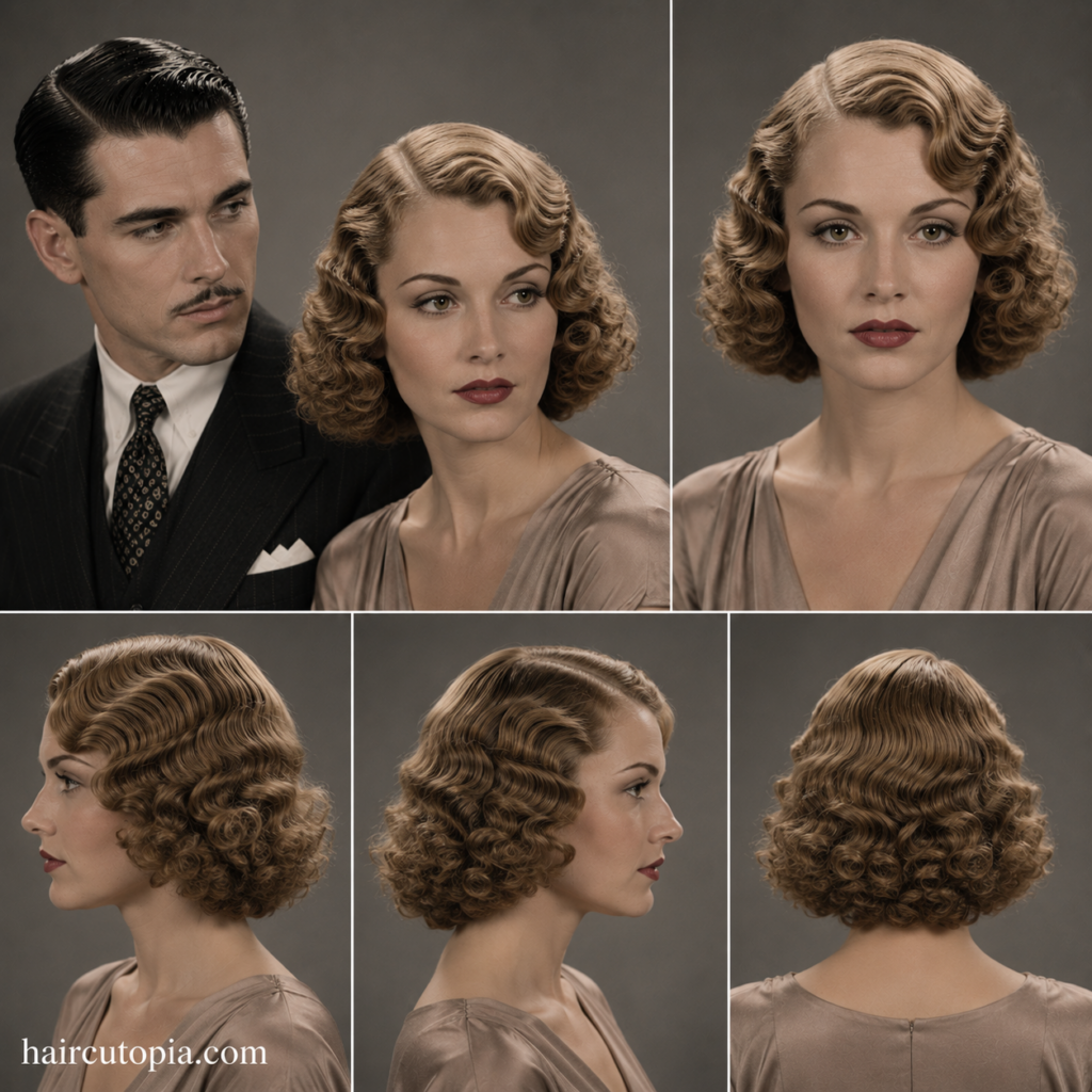 1930s women's hair shown from front, left side, right side, and back views with sculpted waves and curls