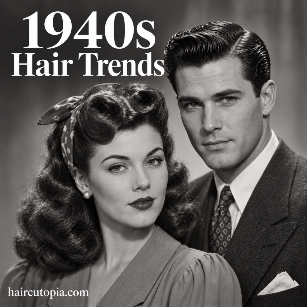 1940s hair trends for men and women featuring victory rolls, vintage curls, a hair scarf, and a classic side-part hairstyle